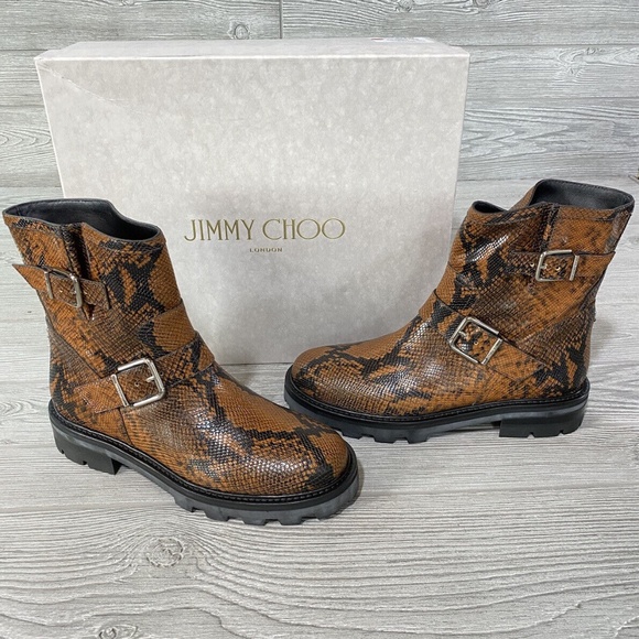 Jimmy Choo Youth II Snake Printed Biker Boots Women's Size 39.5